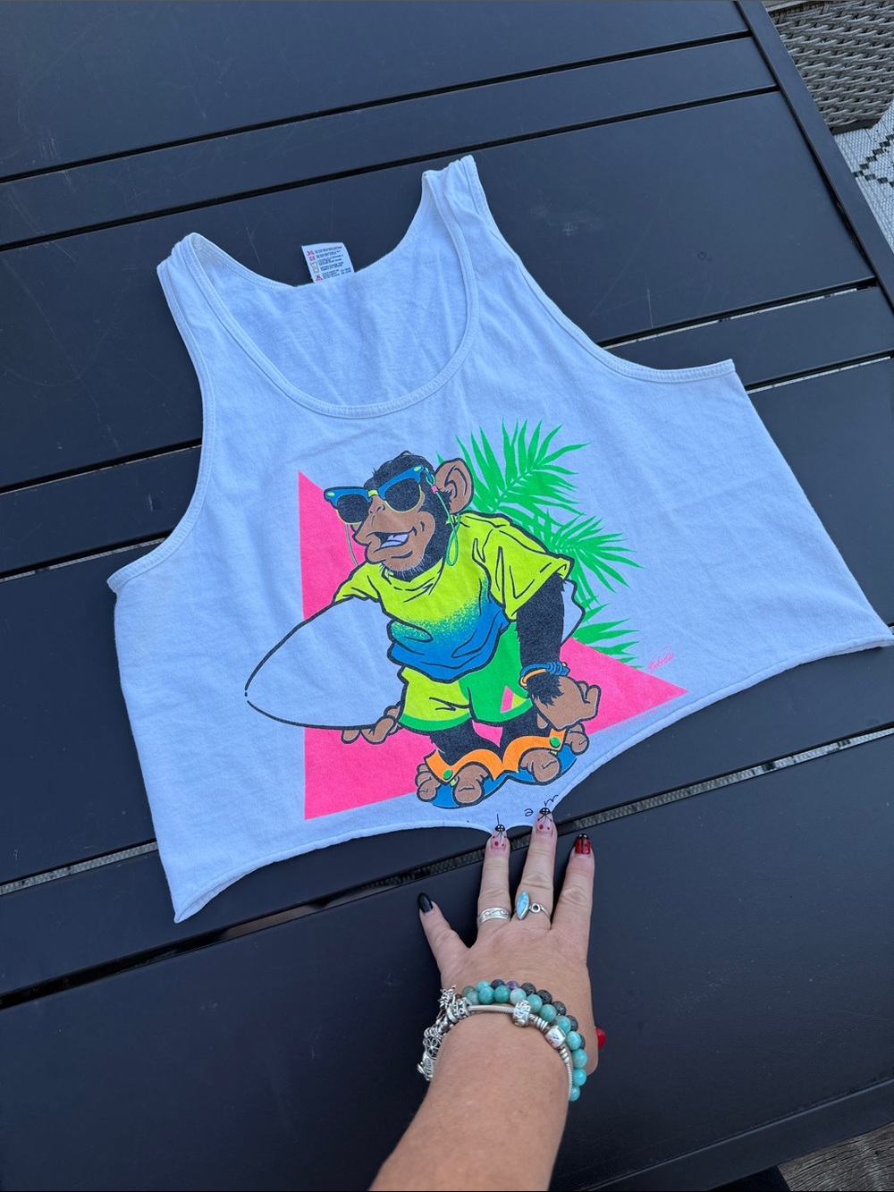 80s Fruit of the Loom White Crop Tank with Neon Surf Monkey Graphic EUC